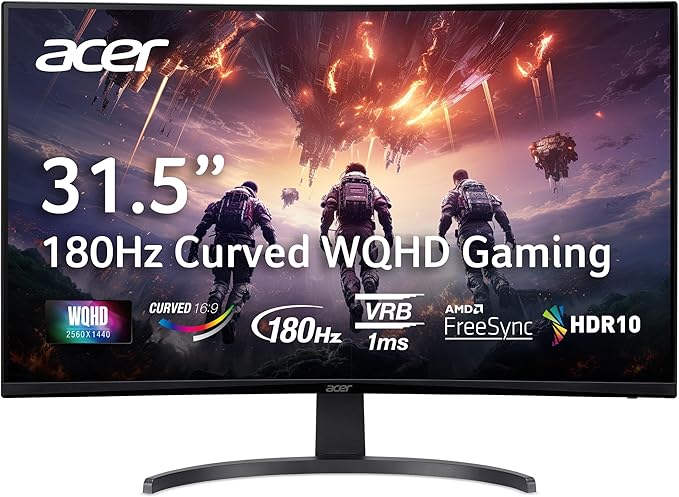 acer Nitro 31.5 Inch WQHD 2560 x 1440 1500R Curved Gaming Monitor | AMD FreeSync | Up to 180Hz Refresh | 1ms (VRB) | Tilt | One Display Port 1.4 &amp Two HDMI 2.0 | EDA323QU S3bmiiphx (Renewed)