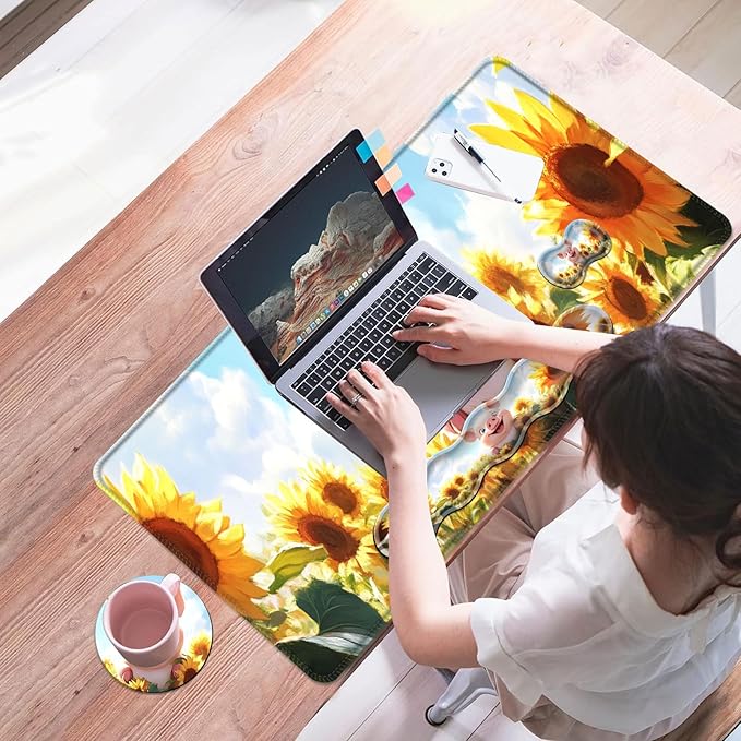 Mouse PadLarge Desk Mat Set 4in1 XL Mousepad + Keyboard Wrist Rest+Mouse Wrist Rest+Coaster with Ergonomic Desk Pad for Home Office Table Computer Cover -Pig in Sunflower Field
