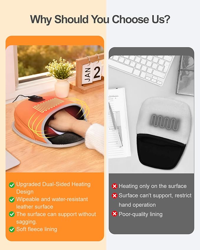 Heated Mouse Pad Hand Warmer 3-Temperature &amp Timer Dual-Sided Heating Hand Warmer Mouse Pad with Ergonomic Wrist Support Design Desk Warmer Universal Accessories for Computer Desk-Orange