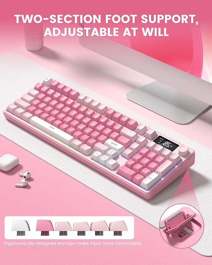 Keymatic Gaming Keyboard Wireless Creamy Keyboard with Media Knob &amp Screen Cute Keyboard Mechanical Feeling Membrane Keyboard with Number Pad RGB Backlit Tri-Mode BT/2.4GHz/USB-C - Pink