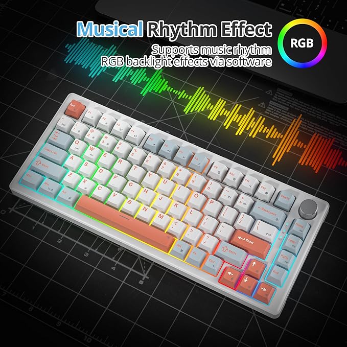75% Mechanical Keyboard Gasket with Knob Custom Wired Creamy Gaming Keyboard TKL 75 Percent Hot Swappable RGB Backlit Pre-lubed Switch for Win/MAC PC Laptop（Salmon/White）