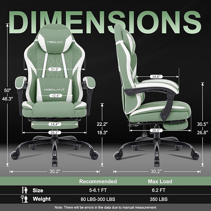 Misolant Gaming Chair Fabric Gamer Chair with footrest for Adults High Back Ergonomic Computer Game Chair with Adjustable Headrest and Massage Lumbar Support 90-155° Recline Free Green
