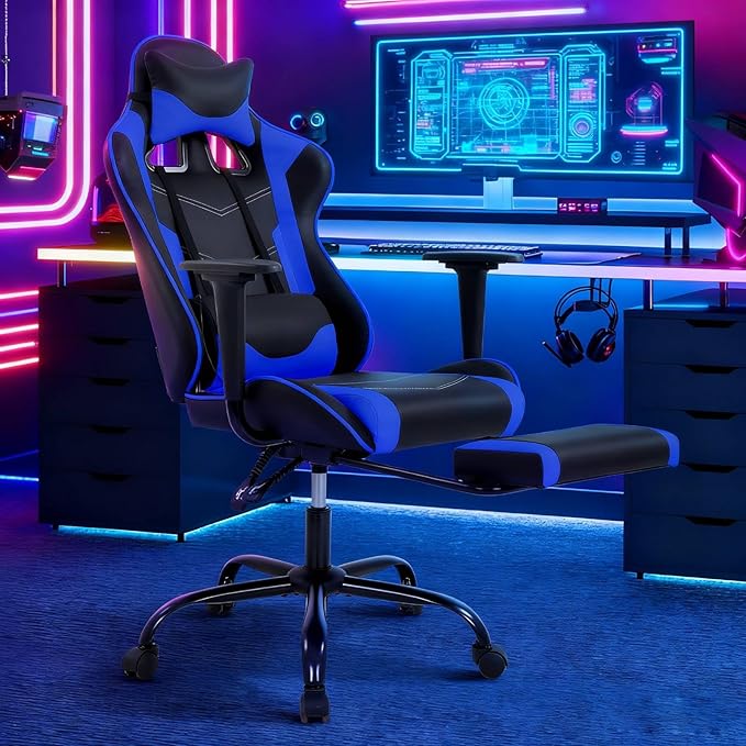 Ergonomic Gaming Chair - Reclining Computer Chair with Lumbar Support &amp Headrest Pillow Adjustable Footrests 90-135° Recline for Home Office &amp Gaming Heavy Duty 250lbs Capacity Blue