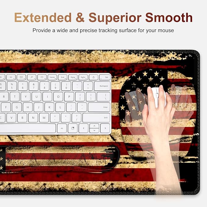 Large Mouse Pad with Wrist Support 4in1 Set XXL Game Mousepad + Keyboard Wrist Rest+Mouse Wrist Rest+Coaster with Ergonomic Design Gaming Mat for Home Office Table Computer I Retro USA Flag