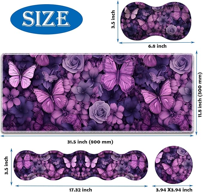 Mouse Pad Combo Large Gaming Mouse Pad + Keyboard Wrist Support + Mouse Wrist Rest + Coaster Table Pad 31.5 x 11.8 with Memory Foam Ergonomic Wrist Pad Set Butterflies Purple and Purple Flowers