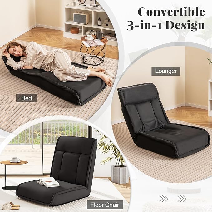 COSTWAY Folding Floor Chair Convertible Lazy Sofa with 14-Poistion Adjustable Backrest 5-Position Adjustable Headrest Cushioned Floor Gaming Chair for Adults Reading Meditating (Black)