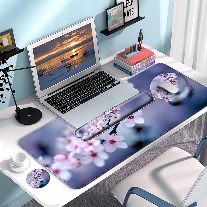 Desk Mat Set + Keyboard and Mouse Pad with Wrist Rest Support4-in-1 Large Mousepad Computer Mats for Desktop Home &amp Office-Cherry Bloosom