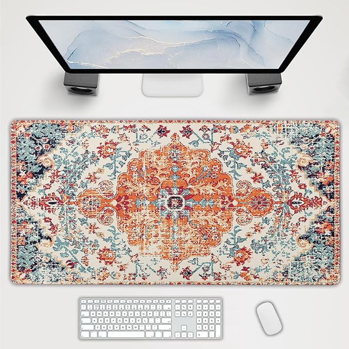 Orange Teal Boho Gaming Mouse Pad Extended 3XL Rug Carpet Bohemian Retro Large Desk Mat Big Mousepad Non-Slip Rubber Base Stitched Edge Long Desk Pad for Desktop Office PC Gamer47.2x23.6 in120x60cm