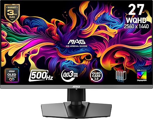 msi MAG 272QP QD-OLED X50 26.5-inch 2560 x 1440 (WQHD) Gaming Monitor 500Hz AMD Adaptive-Sync HDR Ready HDMI VGA Port VESA Mountable Tilt 4-Side Slim Bezel 0.03ms Black