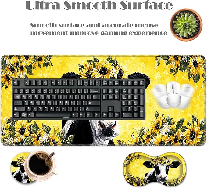 Ergonomic Keyboard Wrist Rest &amp Mouse Pad Wrist Rest SetXL Gaming Desk Mat 31.5x 11.8Non-Slip BaseMemory FoamEasy Typing Pain Relief for Office &amp HomeCow with Sunflower Crown