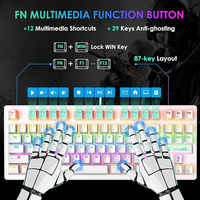 LexonElec K2 Mechanical Gaming KeyboardBlue Switch Mini 82 Keys Wired Rainbow LED Backlit KeyboardLightweight Gaming Mouse DPI Honeycomb Optical for MAC PC Gamers(White)