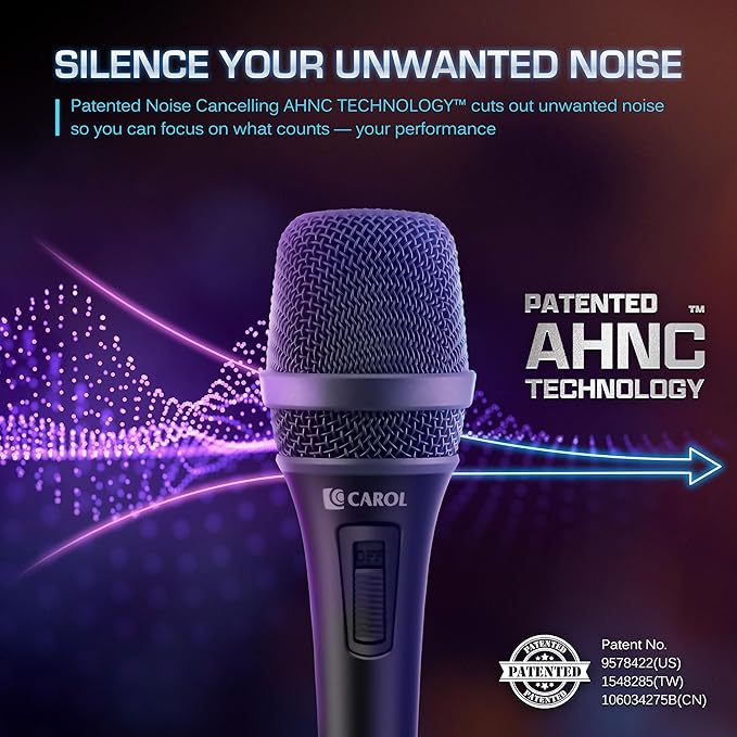 CAROL AC-900S XLR Wired Vocal Microphone – Dynamic Supercardioid Mic with Dual-Engine AHNC Noise Cancelling Tech for Singing Karaoke Stage &amp Studio Includes Mic Clip 14.8ft Cable &amp Switch