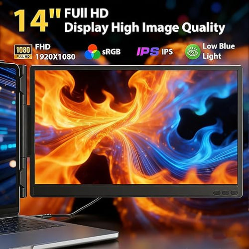 14'' Laptop Screen Extender FHD 1080P IPS Dual Screen Travel Monitor Extender with HDMI/USB-A/Type-C Plug-Play for Display on Mac and Windows Fits 13''-16'' Laptops