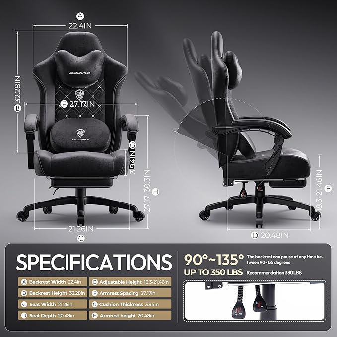 Dowinx Fabric Gaming Chair with Heated Massage Lumbar Support Big and Tall Ergonomic Office Chair with Pocket Spring Cushion and Footrest High Back Computer Chair for Adults 350lbs Deep Black