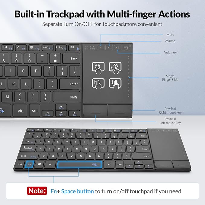 Rii 2.4G Wireless KeyboardBluetooth Keyboard(BT 5.1+2.4G)Aluminium Alloy Portable with Touchpad for ComputerPCTabletiPadAndroid TV BoxSmart TVWindowsMac (Black)