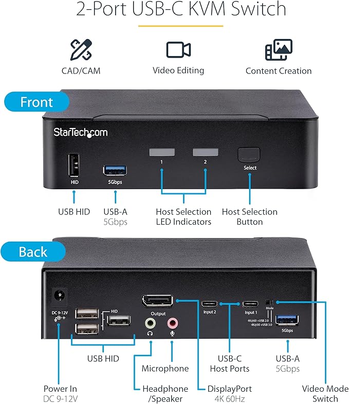 StarTech.com 2-Port USB-C KVM Switch Single 4K 60Hz DisplayPort Monitor 3.5mm Audio 6X USB Hub Ports Hot Key Switching Thunderbolt 3/4 Compatible TAA (SV231DPUCA)