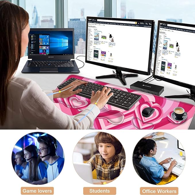 Mouse PadLarge Pink Desk Mat 4in1 XXL Mousepad + Keyboard Wrist Rest+Mouse Wrist Rest+Coaster Set with Ergonomic Desk Pad for Home Office Table Computer-Heart Pink