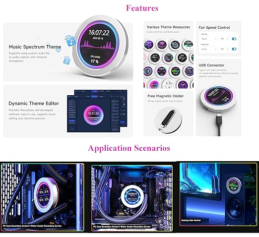 2.1inch USB Monitor 480×480 Pixel-Water Cooler Screen/PC Case Secondary Screen/Desktop RGB Ambient Screen with Music Spectrum Analysis Function Various Data Monitoring CNC Metal Case Silver