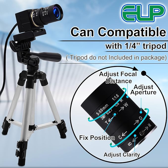 8MP USB Camera Manual Zoom 5-50mm Lens Webcam Variable Focus PC Camera Mini UVC USB2.0 USB with Camera for Computer IMX179 Close-up Camera Varifocal Web Camera with Zoom for Raspberry Pi Laptop