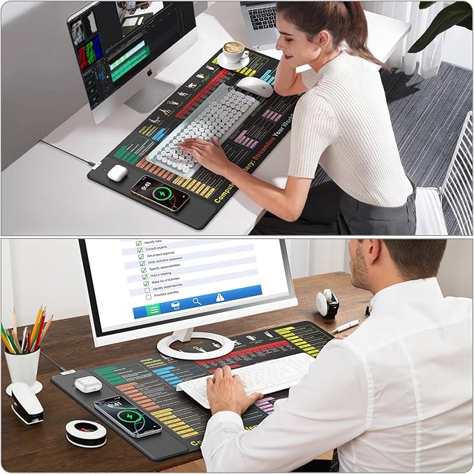 Excel Cheat Sheet Mouse Pad with Wireless Charging 31.5x15.8 Extended Excel Shortcuts Desk Pad Waterproof Ultra-Smooth Keyboard Mat Non-Slip Base with 20W PD Adapter