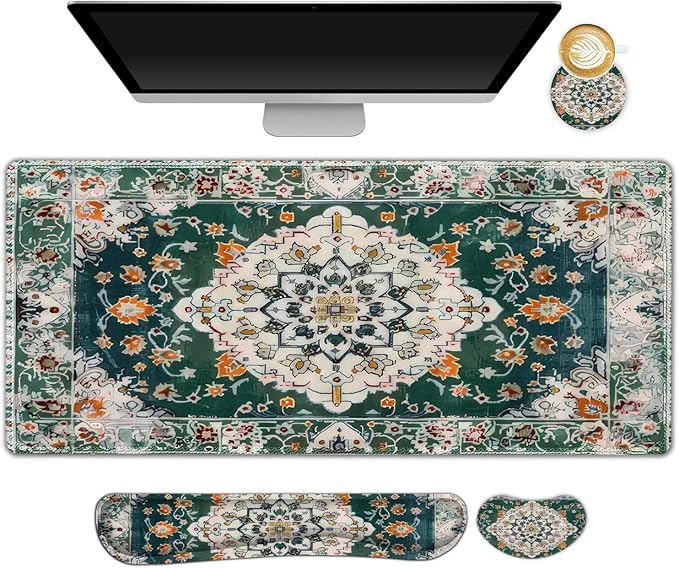 AIMSA Desk Mat Set Large Mouse Pad + Mouse Wrist Rest + Keyboard Wrist Support + Coaster 4in1 Rug Gaming Mouse Pad Combo for Home Office Retro Boho Art