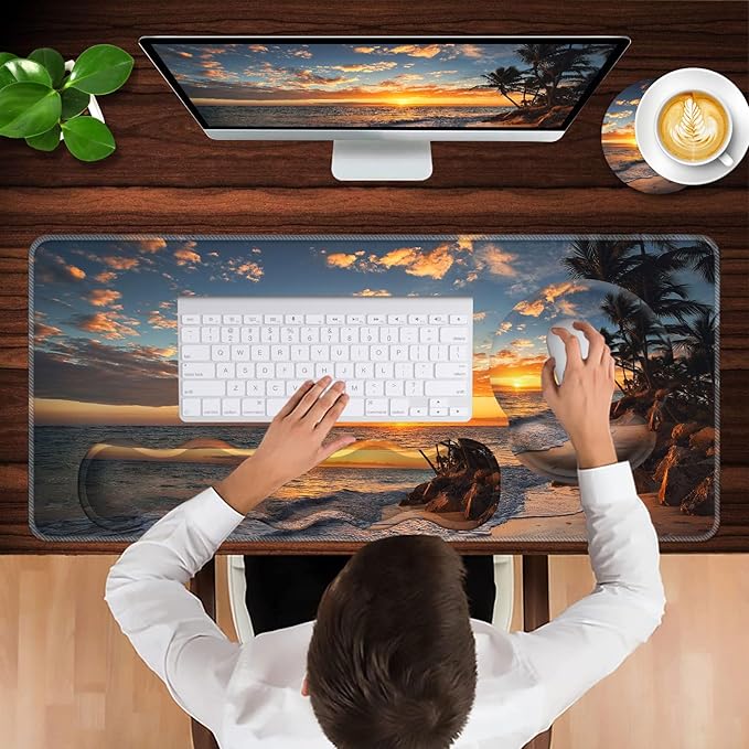Mouse PadLarge Pink Desk Mat 4in1 XXL Mousepad + Keyboard Wrist Rest+Mouse Wrist Rest+Coaster Set with Ergonomic Desk Pad for Home Office Table Computer-Sunset Beach