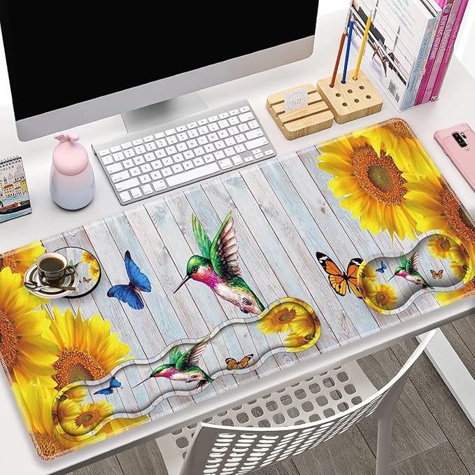 Large Gaming Mouse Pad Keyboard Wrist Rest + Mouse Wrist Pad + Coaster Combination Set Memory Sponge Non-Slip Base. Suitable for Office and Home Vintage Wood Butterfly Hummingbird