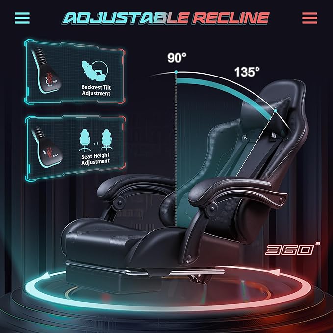 JUMMICO Gaming Chair Ergonomic Computer Chair with Footrest and Massage Lumbar Support Height Adjustable Video Gaming Chair with 360° Swivel Seat and Headrest (Black)
