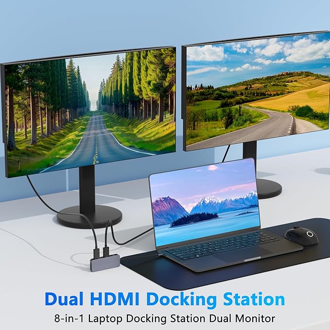 USB C Docking Station Dual HDMI 4K@60Hz 8 in 1 Docking Station Dual Monitor for Mac/Dell/HP Laptop HDMI Splitter for Dual Monitors Double HDTV USB C Hub Multiport Adapter with USB/PD/SD/TF