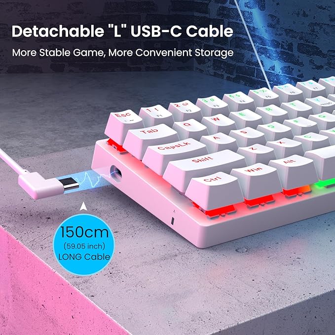Portable 60% Mechanical Gaming Keyboard Wired Ergonomic Keyboard with Red Switches18 LED BacklitKeyboard61 Keys Ultra-Compact Mini OfficeKeyboard for PC/Mac/XboxEasy to Carry On Trip-White