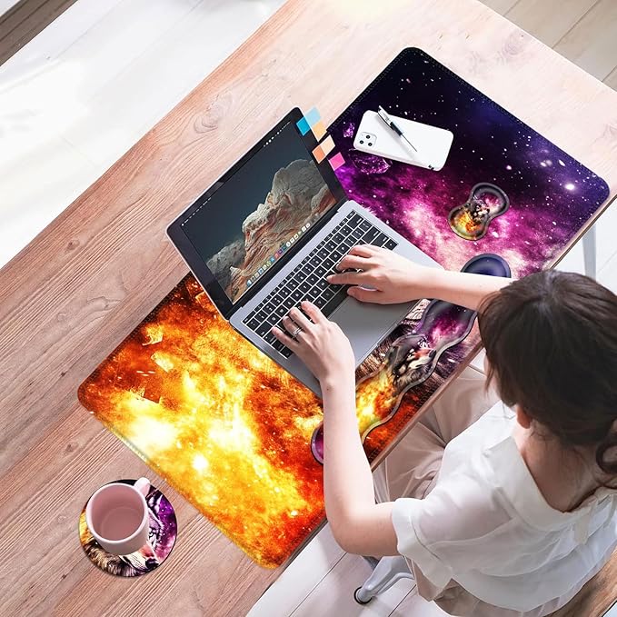 Mouse PadLarge Desk Mat Set 4in1 XL Mousepad + Keyboard Wrist Rest+Mouse Wrist Rest+Coaster with Ergonomic Desk Pad for Home Office Table Computer Cover -Cosmic Wolf Purple Nebula