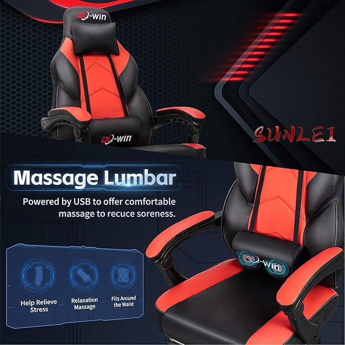 Gaming Chair Office Chair with Footrest and Lumbar Support Height Adjustable Game Chair with 360°-Swivel Seat and Headrest and for Office or Gaming (Deep Red)