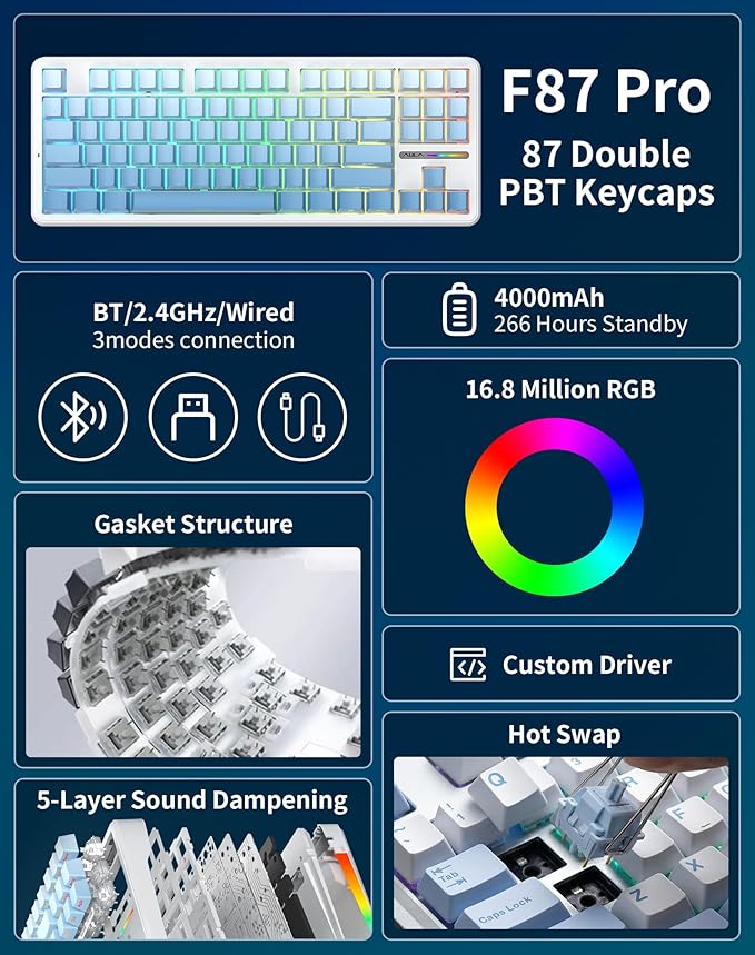 Aula F87 Pro Wireless Mechanical Keyboard 87-Key TKL Tri-Mode (BT5.0/2.4G/USB-C) Hot Swappable Gasket Mount Keyboard 8000mAh Battery RGB Backlit PBT Keycaps Custom Gaming Keyboard for PC Mac