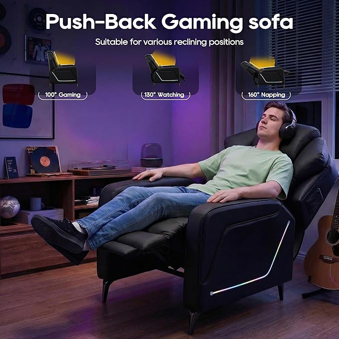 TUNYI Gaming Recliner Chair Racing Style Push-Back Reclining Sofa with Colorful LED Ergonomic Home Theater Seating Video Game Sofa for Gaming Room Living Room (Black)