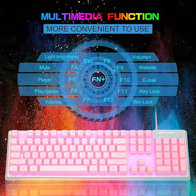 MageGee Gaming Keyboard 7 Solid Colors Backlit Wired Gaming Keyboard with Clear Housing and Double-Shot Keycaps K1 Waterproof Ergonomic 104 Keys Light Up Keyboard for PC Desktop Laptop Pink