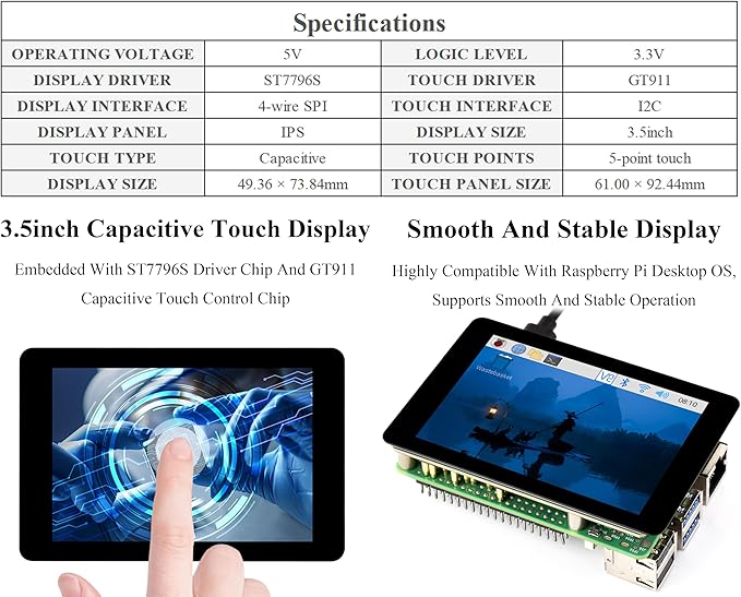 3.5inch Capacitive Touch Display Compatible with Pi 5/4B/3B+/3B/Pico W/Pico 2W/ ESP32  IPS LCD Screen 320×480 Resolution 262K Color Pigo Pin Header and GH1.25 13PIN Cable Two Connection Ways