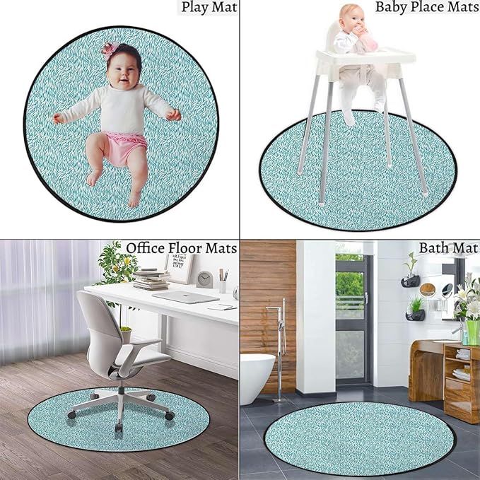 Green Teal Round Area Rug Machine Washable Non Slip Indoor Sofa Floor Area Mat Carpet for Living Room Sofa Bedroom Nursery Decor Leaves Plants Wavy Pattern Doodle Style Diameter 55 in