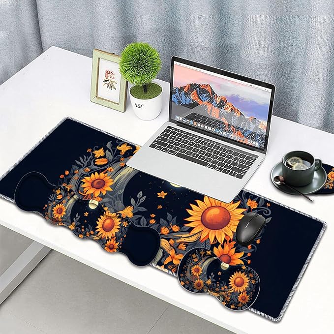 Large Gaming Mouse Pad Keyboard Wrist Rest Pad + Mouse Wrist Pad + Coaster 4 in 1 Set Extended Waterproof Non-Slip Desk Mat Suitable for Office Home Learning Games Sunflower Moon