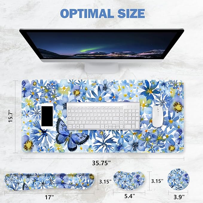 ToLuLu Desk Mat Gaming Mouse Pad Wrist Support 4 in1 Set XXL Large Mouse Pad + Keyboard Wrist Rest + Memory Foam Cushion Mouse Wrist Rest for Pain Relieve + Coaster Computer Butterfly Loves Flower