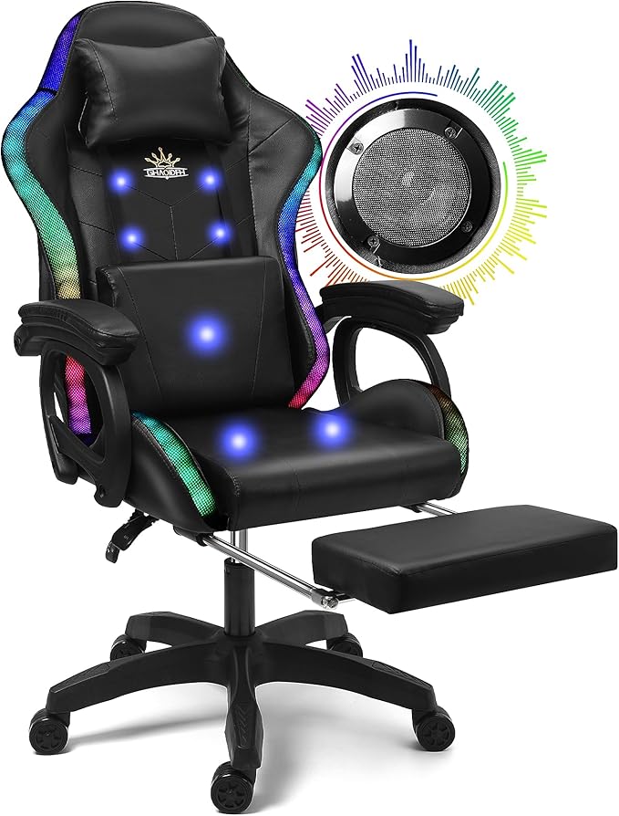 RGB Gaming Chair with Massage Footrest and Dual Speakers Racing Computer Chair with Lumbar Support and Headrest for Adults Teens and Kids Enhance Gaming Experience!
