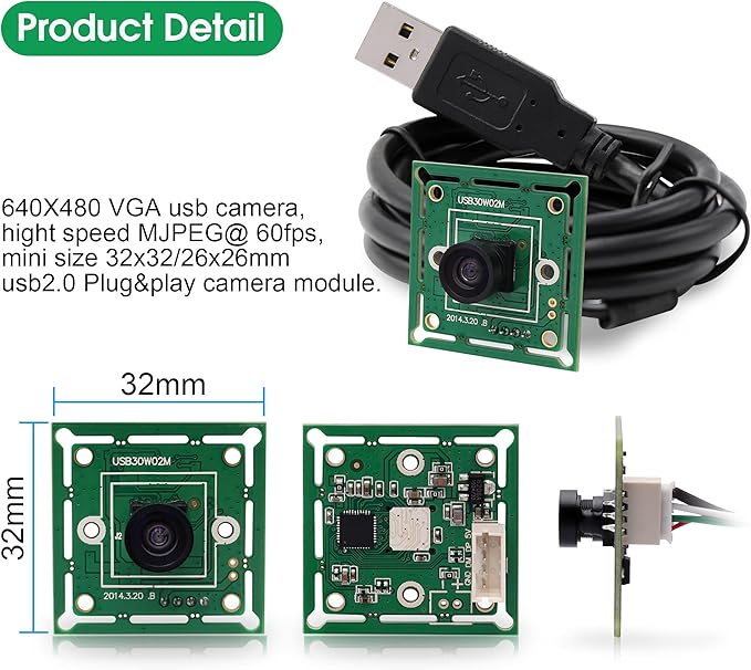 USB Camera Module 120 Degree Wide Angle Lens 60fps High Speed 10.2Inch Mini Webcam for Industrial Machine Supports Most OS with 3.3ft/1m Cable for Raspberry Pi Jetson Nano