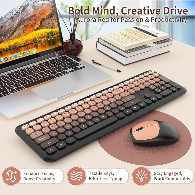 HotFox Wireless Keyboard and Mouse Combo Full-Size Retro Typewriter Keyboard with Round Keycaps Ergonomic Design for Windows PC Home and Office Use -Red