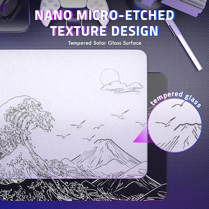 ATTACK SHARK CM05SE Glass Mousepad for Gaming Ultra Smooth Mouse Mat with Nano-Textured Surface Tempered Glass Mouse Pad Precision Speed Control for Games and Office (White Wave 16.1 L x 12.2 W)