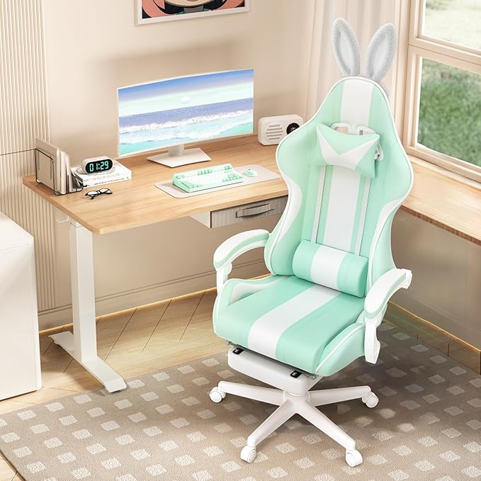 Ferghana Kawaii Light Green Gaming Chair with Bunny Ears Ergonomic Cute Gamer Chair with Footrest and Massage Racing Reclining Leather Computer Game Chair for Girls Adults Teens Kids