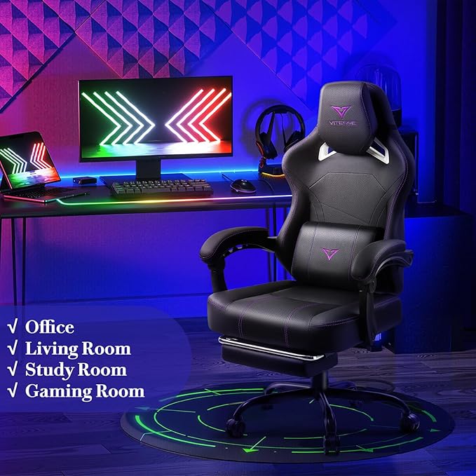 Waleaf Big and Tall Gaming Chair for Adults with Footrest 400lbs Weight Capacity Video Game Chairs for Office Ergonomic Computer Gaming Chair with Lumbar Support and Headrest (Purple)