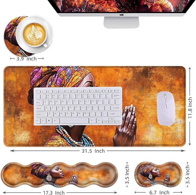 Mouse PadLarge Desk Mat Set 4in1 XL Mousepad + Keyboard Wrist Rest+Mouse Wrist Rest+Coaster with Ergonomic Desk Pad for Home Office Table Computer Cover -African Woman in Prayer Art