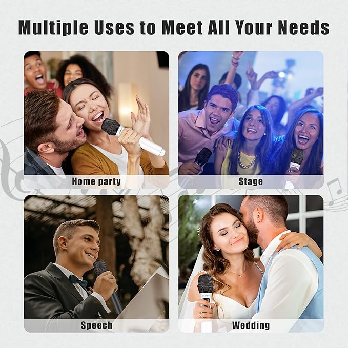 Wireless Microphones Professional Dual Karaoke Microphone for Singing Handheld Cordless Dynamic Mic System with Rechargeable Receiver(160 Ft) for Wedding DJ Speech Church Party K602-BW