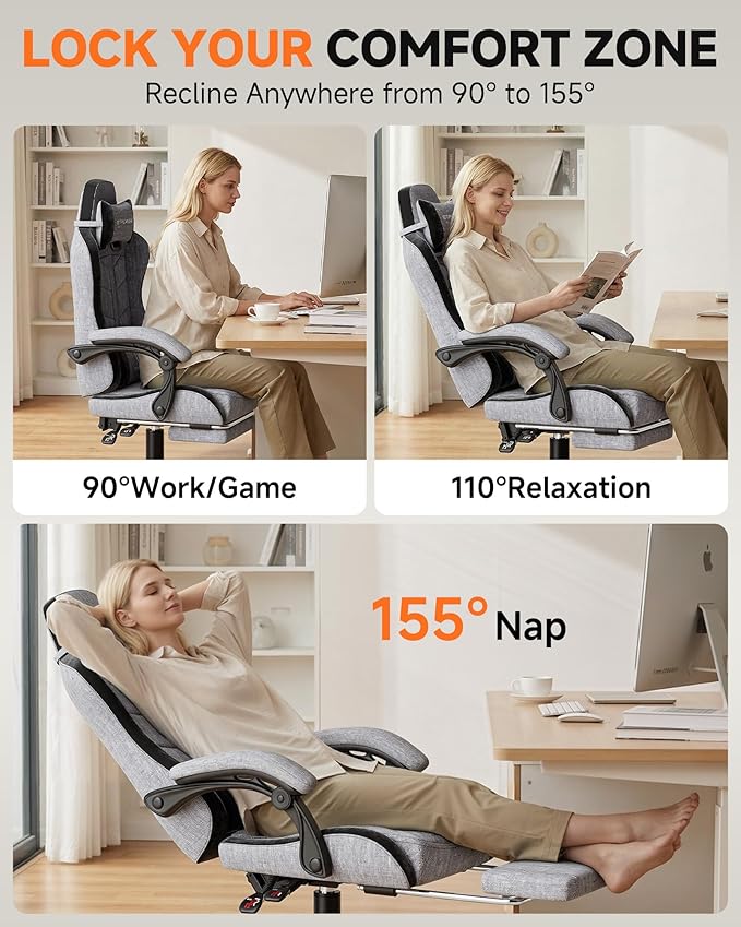 GTPLAYER Gaming Chair with Footrest Computer Gaming Chair for Adults and Kids Height Adjustable Gamer Chair with 90-155° Recline &amp Removable Headrest Lumbar SupportLinen Fabric Gray-Black