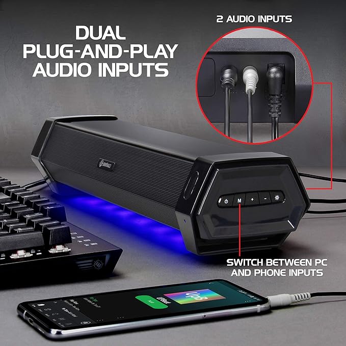 ENHANCE Gaming Attack Sound Bar PC Speaker - Under Monitor Soundbar Computer Speaker with Loud 40W Hi-Fi Audio 3 LED Color Modes and Dual Inputs for PC Laptop or Phone AUX