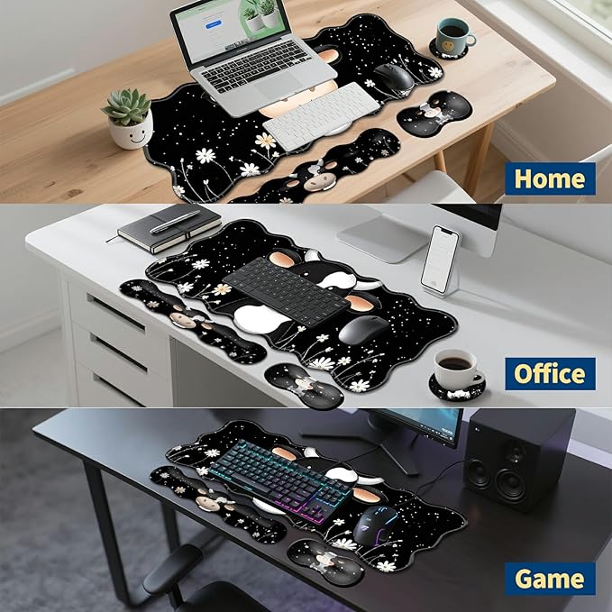 4-Piece XXL Gaming Mouse Pad Set (31.5x11.8) with Keyboard Wrist RestMouse Wrist Support &amp CoasterErgonomic Non-Slip Desk Mat for Office &amp HomeCute Black White Cow